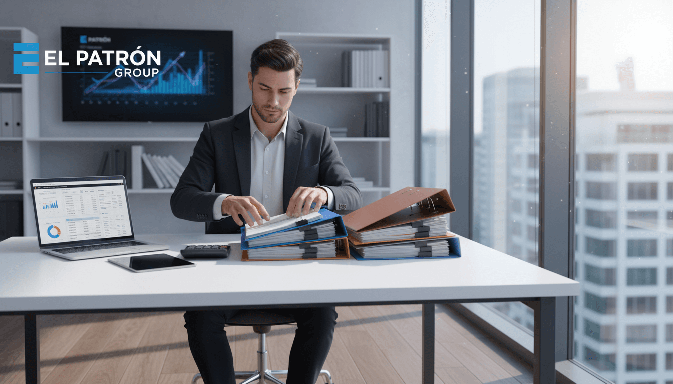 Person organizing financial documents at a modern, well-lit office desk