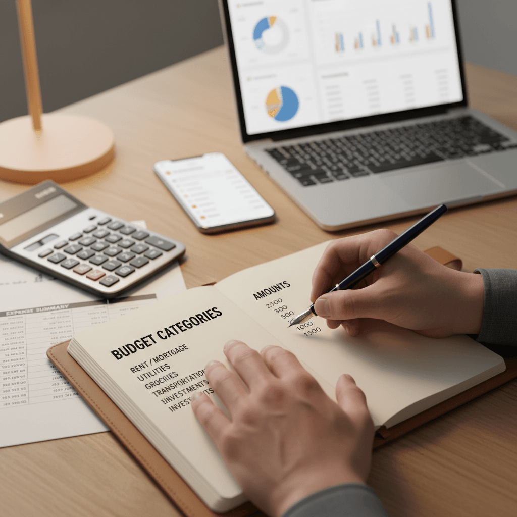 Persoun schreift Budgetplang mat Täscherechner